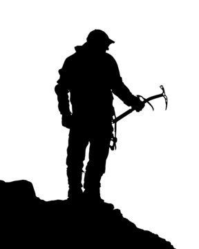 black silhouette of climber with ice axe in hand on white background, vector illustration
