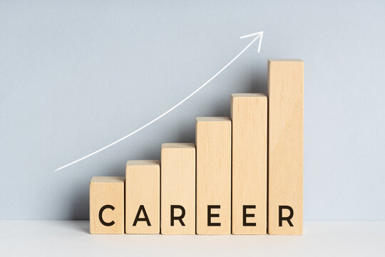 Career Growth Concept. Wooden Block Bar Chart Graph With Text And Upward Trend Line Drawn On Background