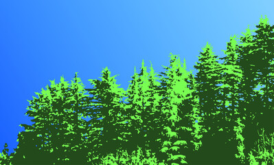 Green wood woodland forest on blue sky background