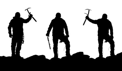 Naklejka premium black silhouette of three climbers with ice axe in hand on white background, vector illustration