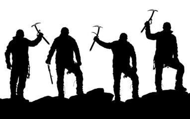 black silhouette of four climbers with ice axe in hand on white background, vector illustration - obrazy, fototapety, plakaty