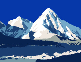 Khumbu glacier and Mount Pumori, vector illustration, Khumbu valley, Sagarmatha national park, Nepal Himalaya mountain