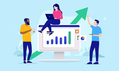 Business digital success - Group of people working with growth and successful business with desktop computer and rising chart. Flat design vector illustration