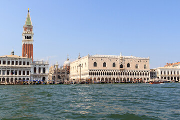Fototapeta na wymiar Panorama view of Venice with Doge's Palace, St Mark's Campanile and St Mark's Basilica seen from Giudecca Canal in Veneto, Italy