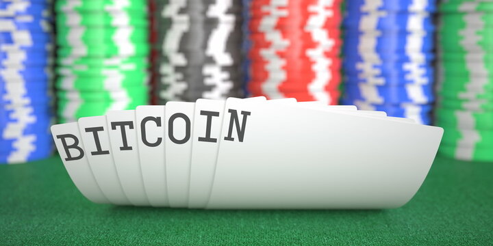 Playing cards with bitcoin text. 3d rendering
