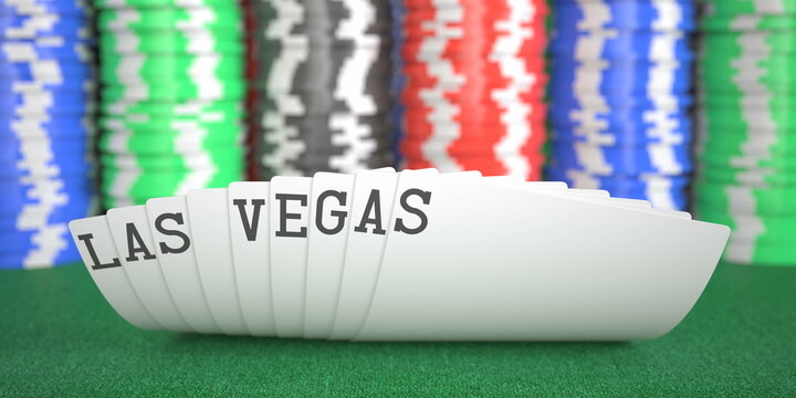 Las Vegas text on playing cards on the table, 3d rendering