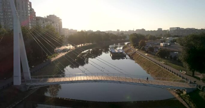 Aerial view of Strelka bridge and river, Kharkiv, Ukraine before war