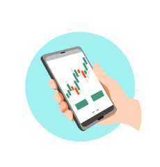 Smartphone with financial diagram on display of device. Mobile app, invest statistic. Young investor concept for stock trading design