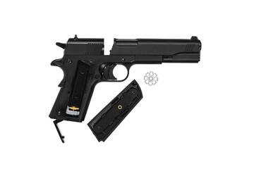Air gun. Modern pneumatic weapon for air soft, sports and entertainment. A dummy, a copy of a real pistol. Isolate on a white back