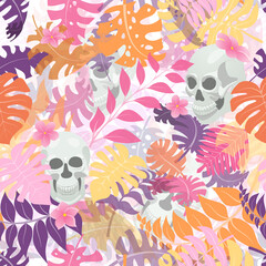 Seamless pattern with exotic jungle plants and human skulls. Tropical palm leaves and flowers. Illustration for Mexican holiday Day of the Dead, Dia de los Muertos, multicolored on white background