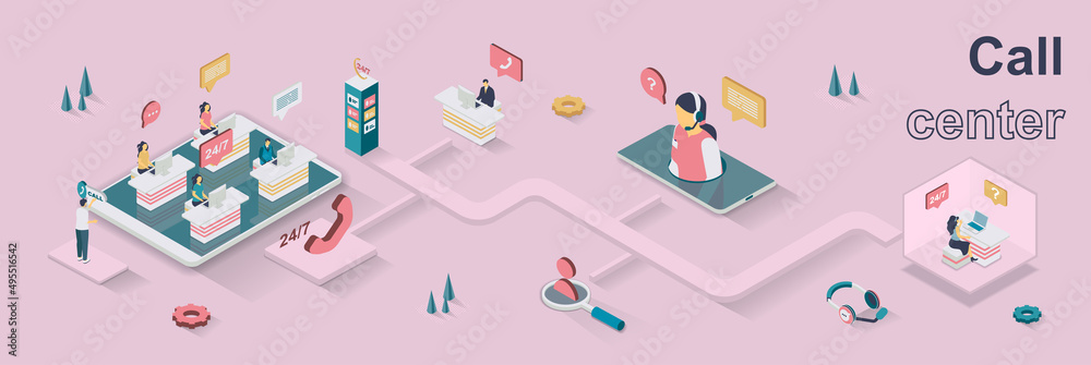 Poster Call center concept 3d isometric web banner. People work in technical support office, advise customers around the clock, solve problems. Vector illustration for landing page and web template design