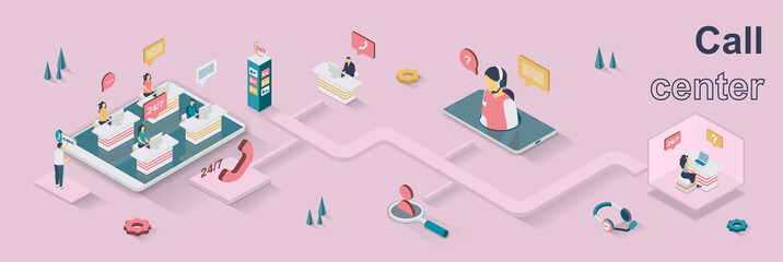 Call center concept 3d isometric web banner. People work in technical support office, advise customers around the clock, solve problems. Vector illustration for landing page and web template design