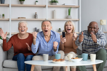 Emotional multiracial elderly people watching football game on TV