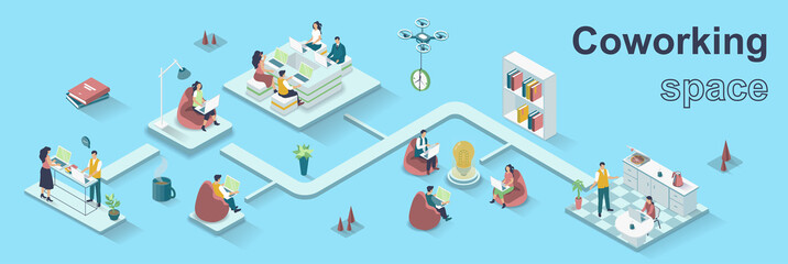 Coworking space concept 3d isometric web banner. People working in open office, brainstorming, business communication and teamwork. Vector illustration for landing page and web template design