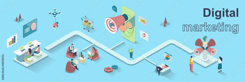 Poster digital marketing concept 3d isometric web banner. people making market research, analyze data, deve