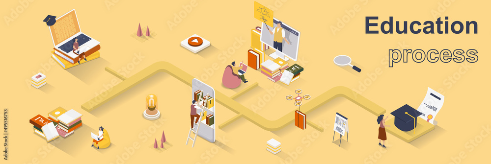 Poster Education process concept 3d isometric web banner. People learning, reading books, study online, graduate from university with diplomas. Vector illustration for landing page and web template design
