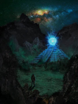 Dark surreal extraterrestial scene showing environment with maya temple and a person standing in landscape
