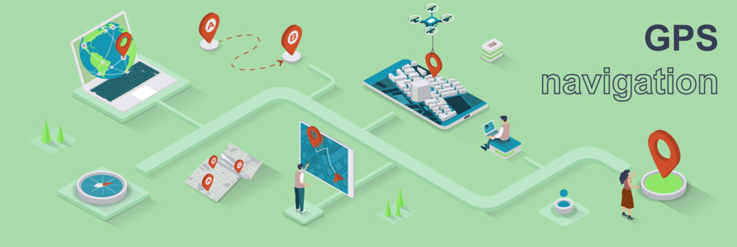 GPS Navigation Concept 3d Isometric Web Banner. People Use Online Maps And Applications With Geolocation Tracking Technology On Route. Vector Illustration For Landing Page And Web Template Design