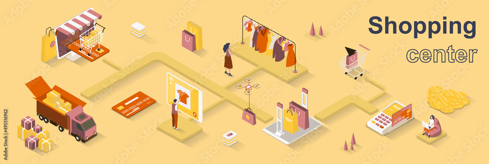 Aufkleber shopping center concept 3d isometric web banner. people choose clothes in store or make purchases on