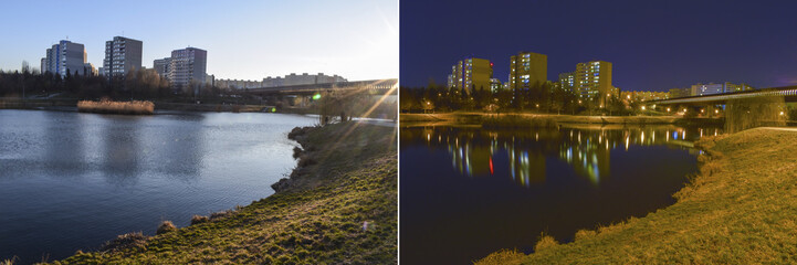 Obraz premium Comparison of day and night, lake in the park in the city