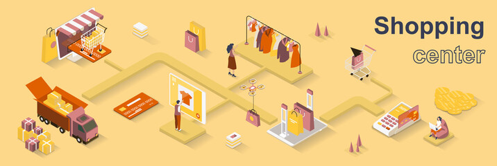 Shopping center concept 3d isometric web banner. People choose clothes in store or make purchases online, pay and use delivery service. Vector illustration for landing page and web template design
