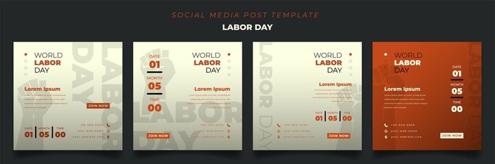 Set of social media post template with orange yellow background in square for labor day design