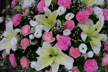 soft colorful of flower bouquet with white Lilly, white rose, and pink carnation background