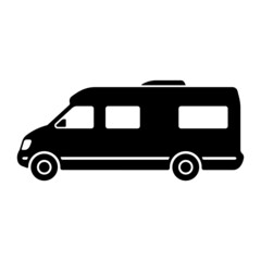 Motorhome icon. Camper, caravan, minibus. Logo, logotype. Black silhouette. Side view. Vector simple flat graphic illustration. Isolated object on a white background. Isolate.