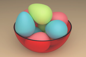 A red transparent plate on a yellow surface with painted Easter eggs. Pink, green and blue chicken eggs. 3D render.