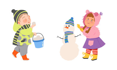 Kids winter activities set. Happy boy and girl in warm clothes making snowman and and playing snowballs cartoon vector illustration