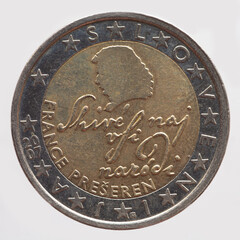 Slovenia - circa 2007: a 2 Euro coin of Slovenia with a portrait of the poet France Prešeren