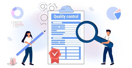 Quality control and product satisfaction research check Controlling business iso standard certificate accept Validation documents Inspection errors or mistakes Vector illustration concept Flat style