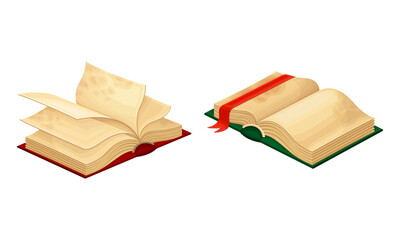 Opened old books with blank pages set. Education, ancient literature and library vector illustration