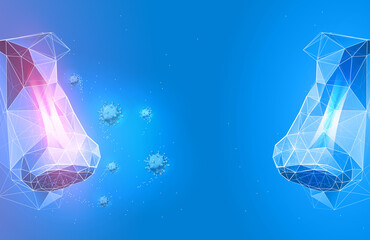 Allergy nose inflammation in futuristic polygonal style. Red sinuses as a reaction to pollen, dust, virus. Comparison of a healthy and diseased nose. vector illustration. - obrazy, fototapety, plakaty