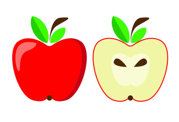 Apple cartoon slice and whole fruit isolated on white background. Vector illustration.