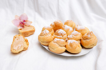 dessert with custard on white background