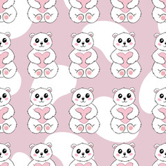 Vector Seamless Pattern with Cartoon Polar Bears and Hearts. Print with a Cute Animal for the Nursery.