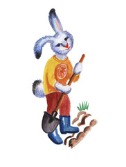 Cute rabbit with a shovel working in the garden. Watercolor illustration.
