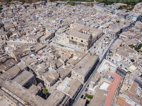 Aerial drone shot of the baroque town of Scicli, Province of Ragusa, south east Sicily.