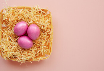 multi colors  rose pink painted easter eggs . Happy Easter Card	
