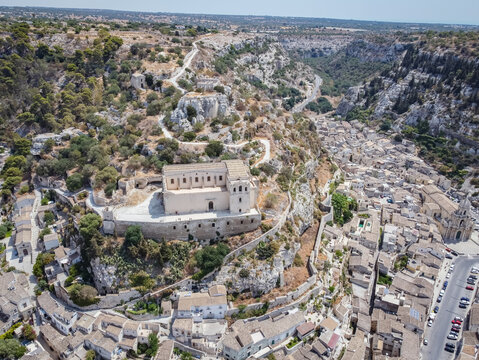 Aerial drone shot of the baroque town of Scicli, Province of Ragusa, south east Sicily.