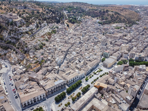 Aerial drone shot of the baroque town of Scicli, Province of Ragusa, south east Sicily.