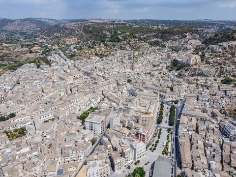 Aerial drone shot of the baroque town of Scicli, Province of Ragusa, south east Sicily.