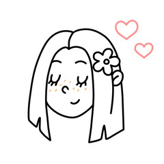 Hand Drawn Line Cartoon Cute Smiling Girls Face with Freckles, Flower and pink Hearts. Outline Doodle Female Portrait. Vector romantic print for clothes, posters, postcards, stickers, valentines day.