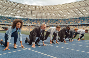 Business people standing ready for run sprint competition on race track - obrazy, fototapety, plakaty
