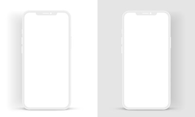 Material flat smartphone with white blank screen. Smartphone mockup. Device front view. 3D white mobile phone with shadow. Stock vector. Minimalist modern clay mockup for presentation ui ux.