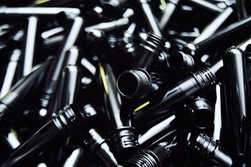 black preforms for making or blowing plastic bottles in close-up.