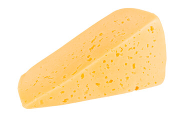 A triangular piece of fresh, tasty and fragrant yellow cheese with many small holes isolated on a white background