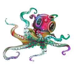 a vivid watercolor illustration of an octopus. Octopus with an underwater helmet.