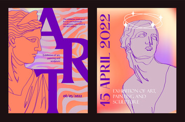 Art posters for the exhibition of painting, sculpture and music. Vector illustration of abstract background, greek sculpture, for magazine or cover	